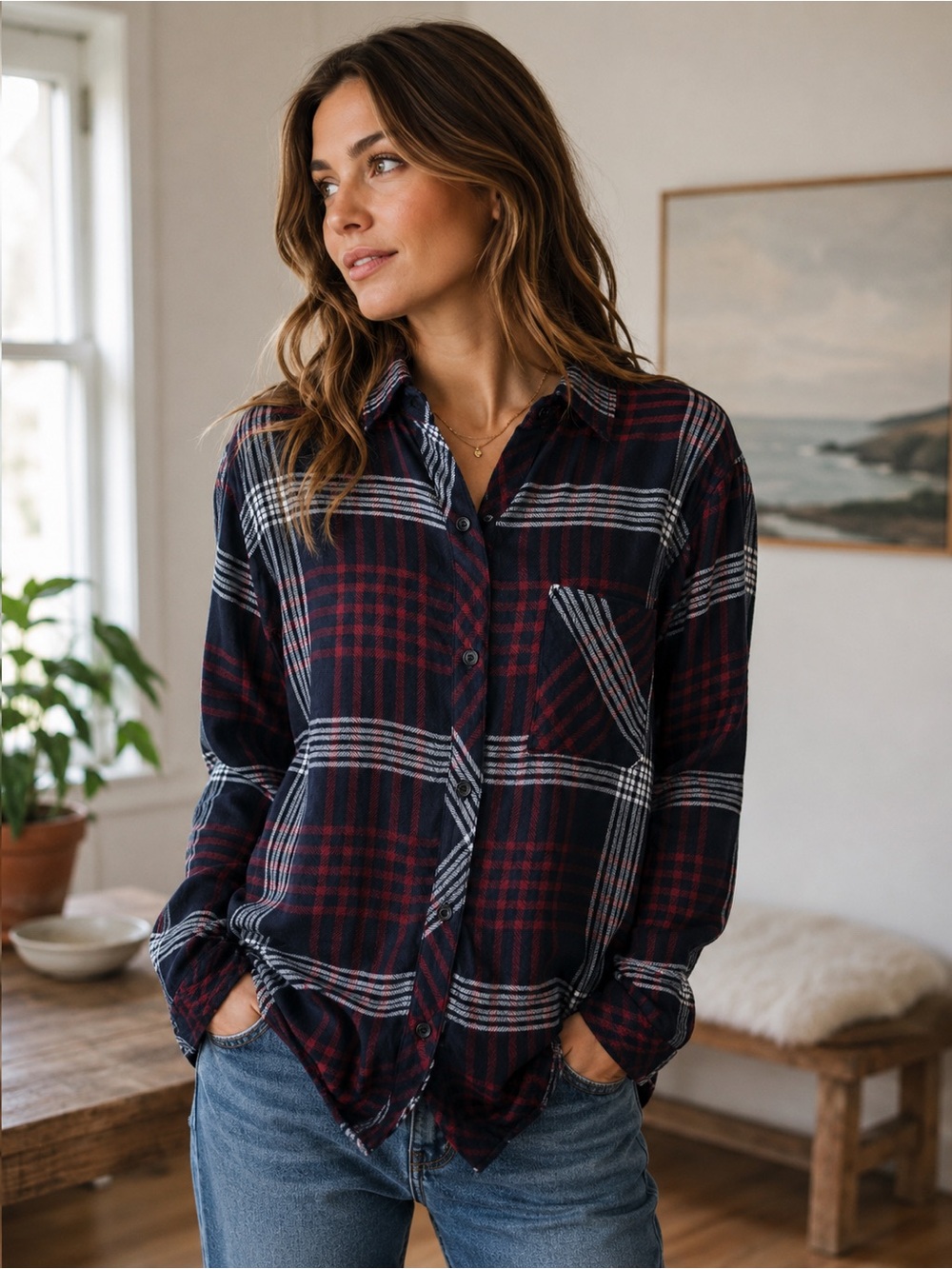 Rails Navy & Burgundy Plaid Button-Down Flannel Shirt-Size Small
